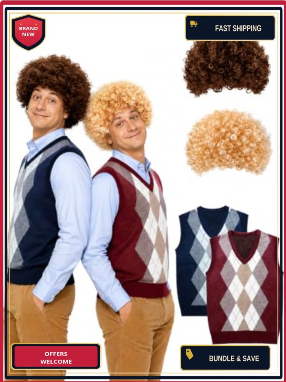 Adult Halloween Costume Set 2 Afro Wigs & 2 Knit Vests Duo